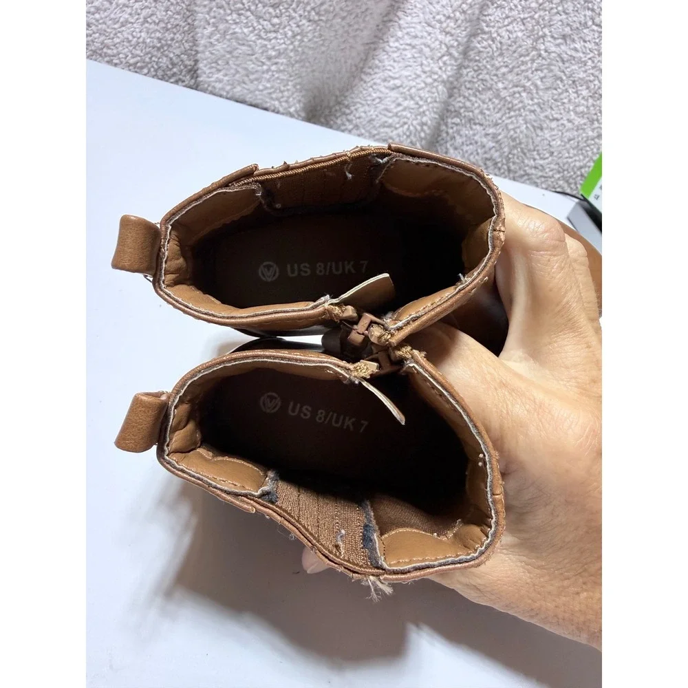 Toddler Kids Brown Faux Leather Ankle Boots Side Zip Booties Size 8